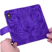 For iPhone 16e Tiger Embossing Pattern Leather Phone Case(Purple)