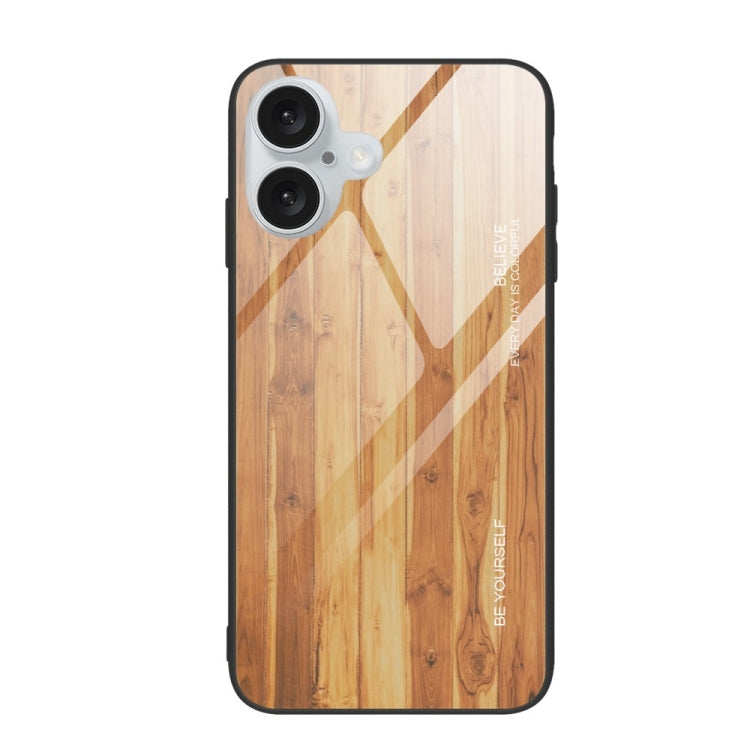 For iPhone 16 Plus Wood Grain Glass Phone Case(Yellow)