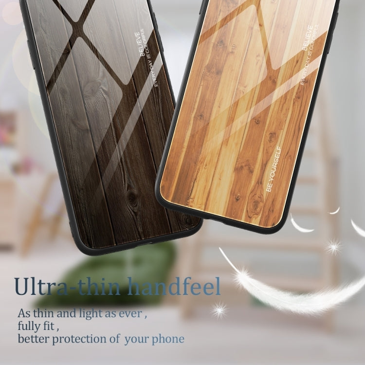 For iPhone 16 Plus Wood Grain Glass Phone Case(Yellow)