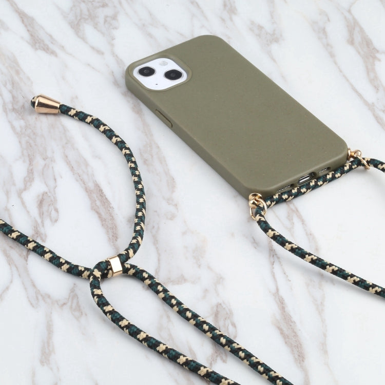 For iPhone 16 Pro Max Wheat Straw TPU Shockproof Phone Case with Neck Lanyard(Dark Green)