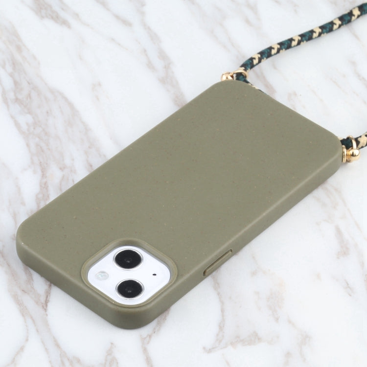 For iPhone 16 Pro Max Wheat Straw TPU Shockproof Phone Case with Neck Lanyard(Dark Green)