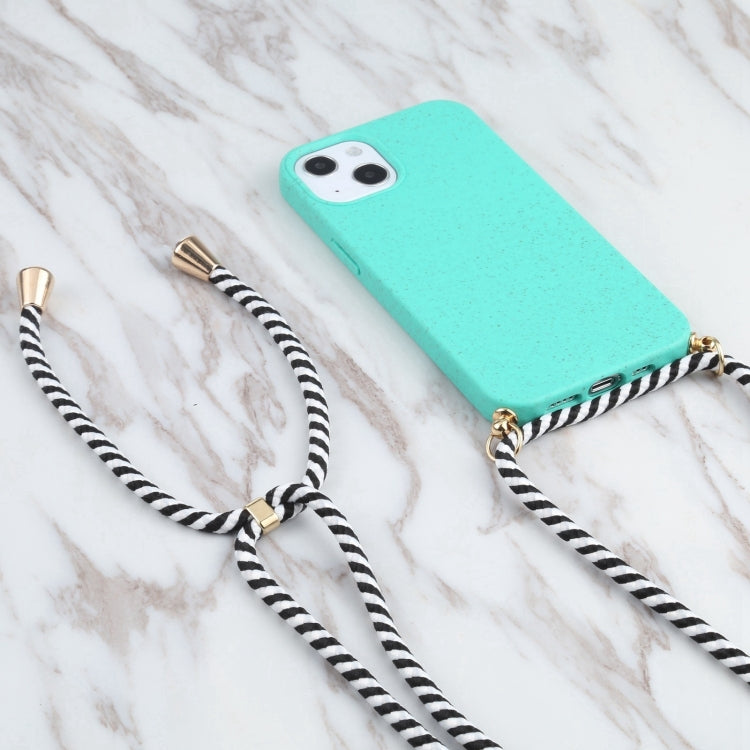 For iPhone 16 Plus Wheat Straw TPU Shockproof Phone Case with Neck Lanyard(Green)