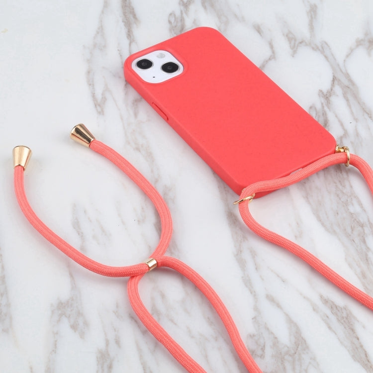 For iPhone 16 Wheat Straw TPU Shockproof Phone Case with Neck Lanyard(Red)