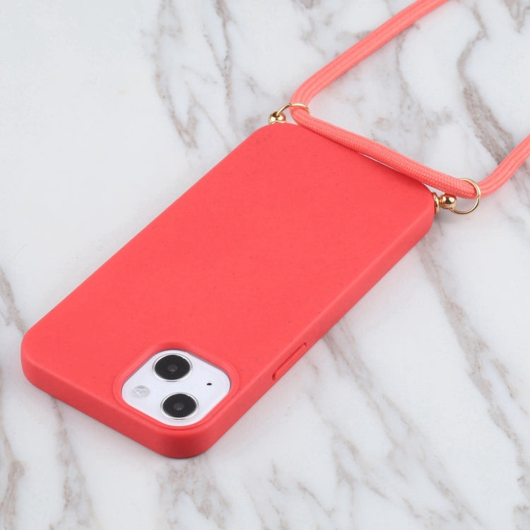 For iPhone 16 Wheat Straw TPU Shockproof Phone Case with Neck Lanyard(Red)