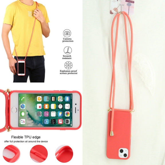 For iPhone 16 Wheat Straw TPU Shockproof Phone Case with Neck Lanyard(Red)