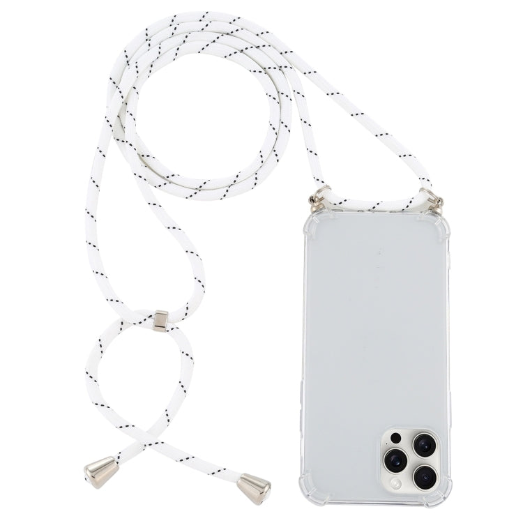 For iPhone 16 Pro Max Four-Corner Shockproof Transparent TPU Case with Lanyard(White Black)