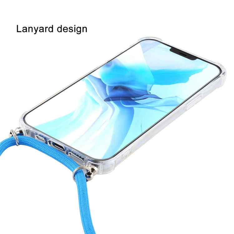 For iPhone 16 Four-Corner Shockproof Transparent TPU Case with Lanyard(White Black)