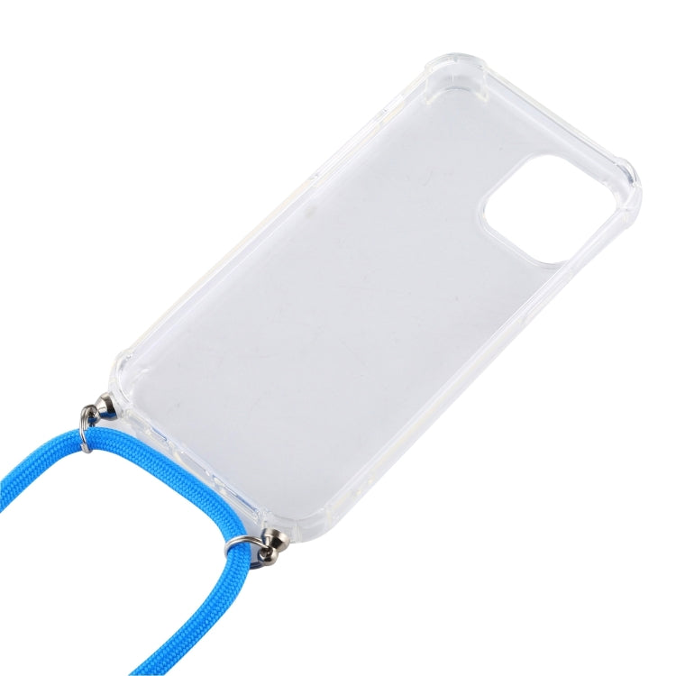 For iPhone 16 Four-Corner Shockproof Transparent TPU Case with Lanyard(White Black)