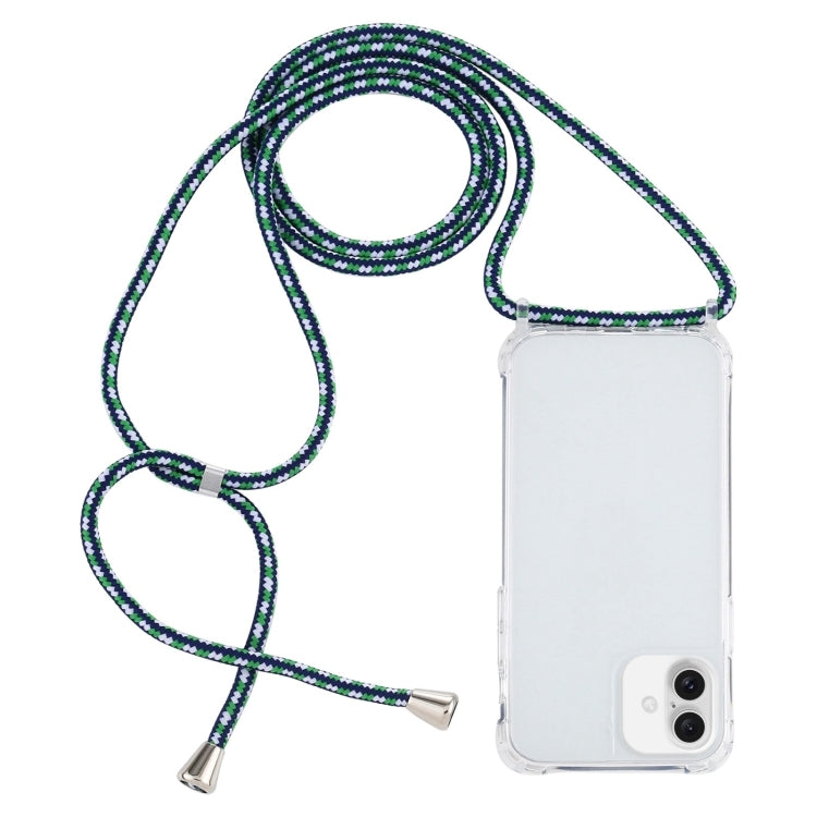 For iPhone 16 Transparent Acrylic Airbag Shockproof Phone Protective Case with Lanyard(Green White Blue)