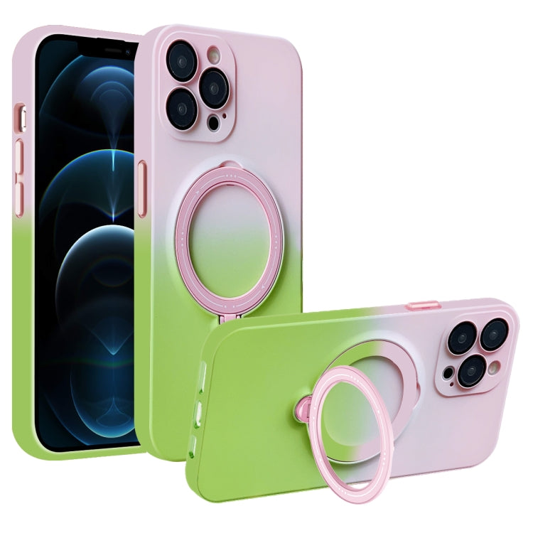 For iPhone 12 Pro Max MagSafe Holder Gradient TPU Phone Case(Pink Green)