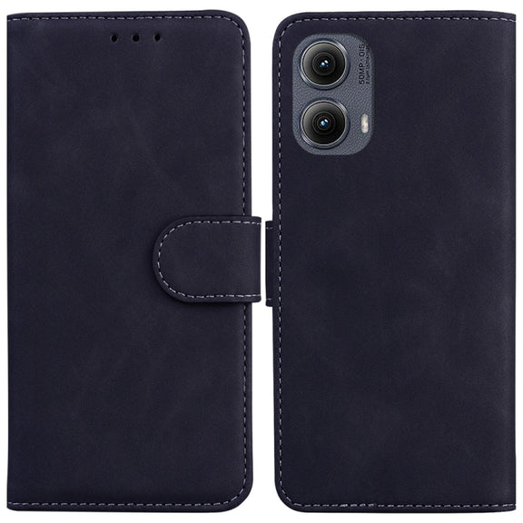 For Motorola Edge 2024 Skin Feel Pure Color Flip Leather Phone Case(Black)