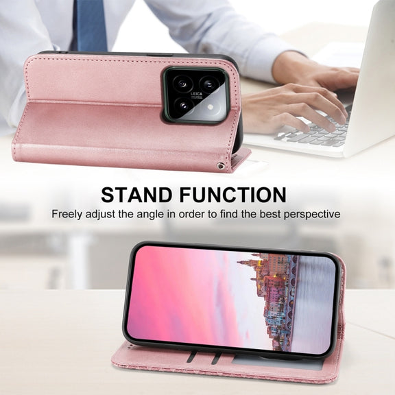 For Xiaomi 14 Cubic Grid Calf Texture Magnetic Leather Phone Case(Rose Gold)