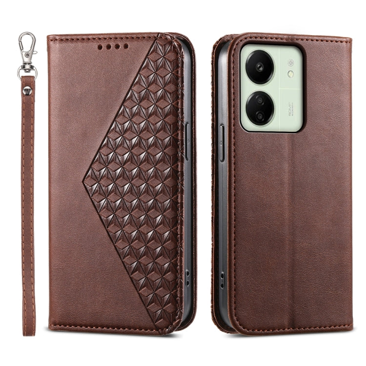 For Xiaomi Redmi 13C Cubic Grid Calf Texture Magnetic Leather Phone Case(Brown)