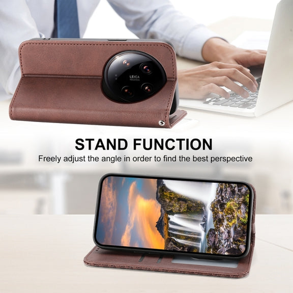 For Xiaomi 14 Ultra Cubic Grid Calf Texture Magnetic Leather Phone Case(Brown)