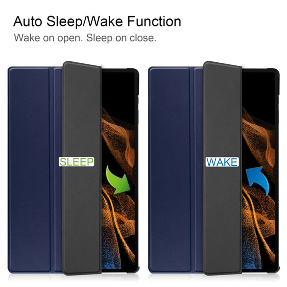 For Samsung Galaxy Tab S9 Custer Pure Color 3-Fold Holder Smart Leather Tablet Case(Dark Blue)