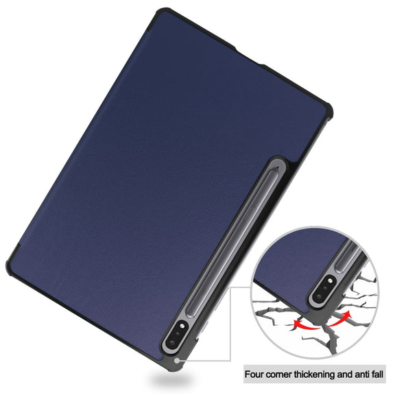 For Samsung Galaxy Tab S9 Custer Pure Color 3-Fold Holder Smart Leather Tablet Case(Dark Blue)