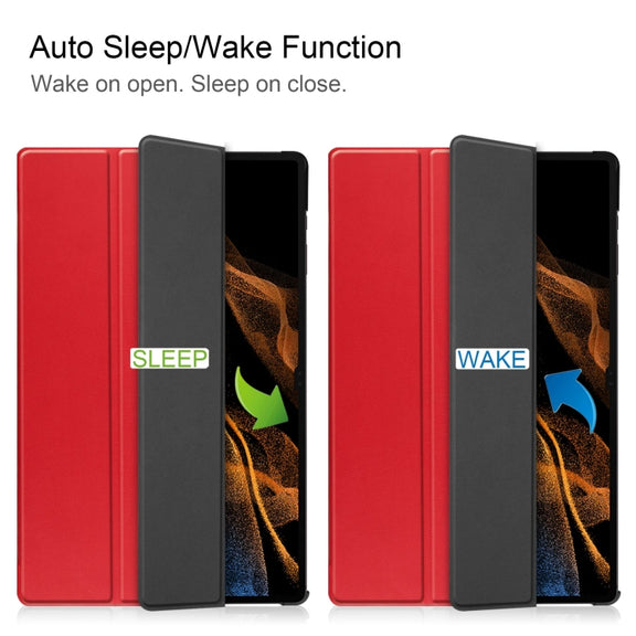 For Samsung Galaxy Tab S9 Custer Pure Color 3-Fold Holder Smart Leather Tablet Case(Red)