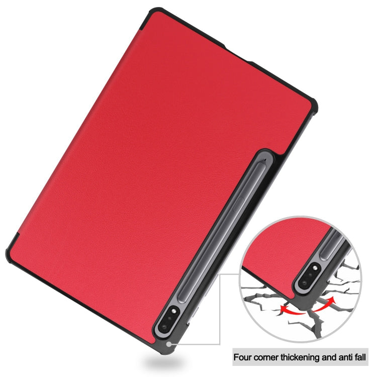 For Samsung Galaxy Tab S9 Custer Pure Color 3-Fold Holder Smart Leather Tablet Case(Red)
