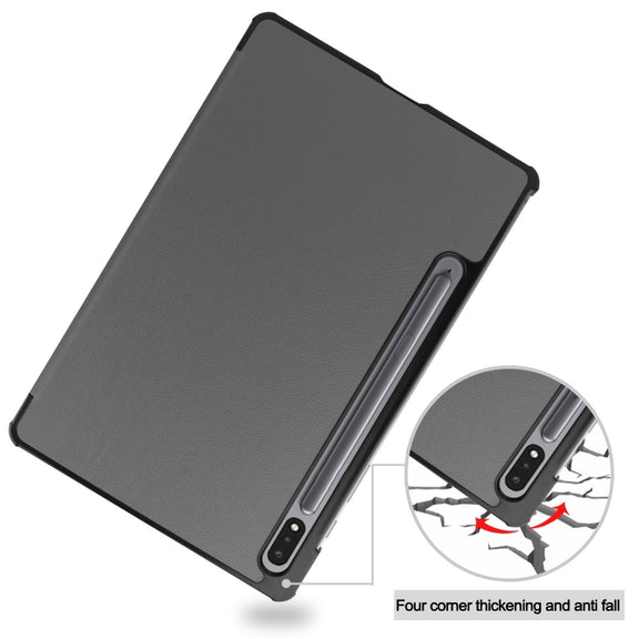 For Samsung Galaxy Tab S9 Custer Pure Color 3-Fold Holder Smart Leather Tablet Case(Grey)