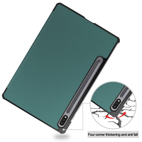 For Samsung Galaxy Tab S9 Custer Pure Color 3-Fold Holder Smart Leather Tablet Case(Dark Green)