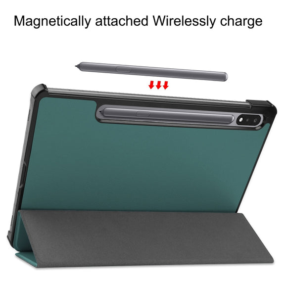 For Samsung Galaxy Tab S9 Custer Pure Color 3-Fold Holder Smart Leather Tablet Case(Dark Green)
