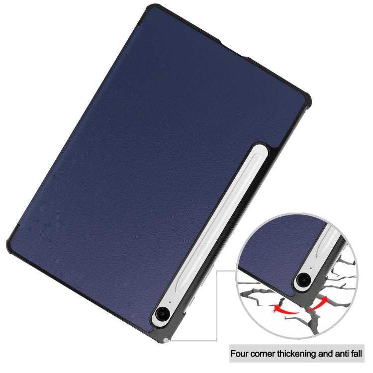 For Samsung Galaxy Tab S9 FE Custer Pure Color 3-Fold Holder Smart Leather Tablet Case(Dark Blue)