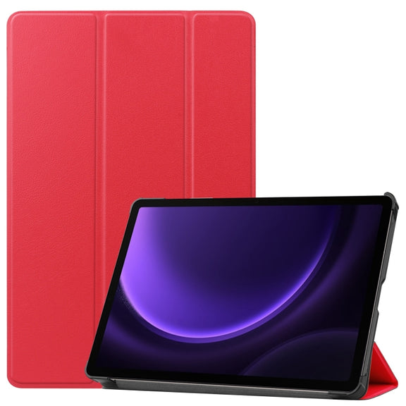 For Samsung Galaxy Tab S9 FE Custer Pure Color 3-Fold Holder Smart Leather Tablet Case(Red)