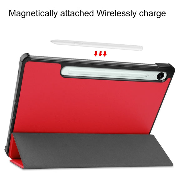 For Samsung Galaxy Tab S9 FE Custer Pure Color 3-Fold Holder Smart Leather Tablet Case(Red)