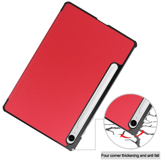 For Samsung Galaxy Tab S9 FE Custer Pure Color 3-Fold Holder Smart Leather Tablet Case(Red)
