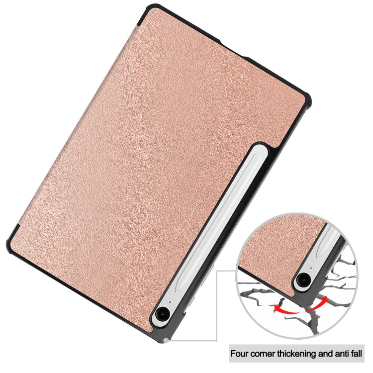 For Samsung Galaxy Tab S9 FE Custer Pure Color 3-Fold Holder Smart Leather Tablet Case(Rose Gold)