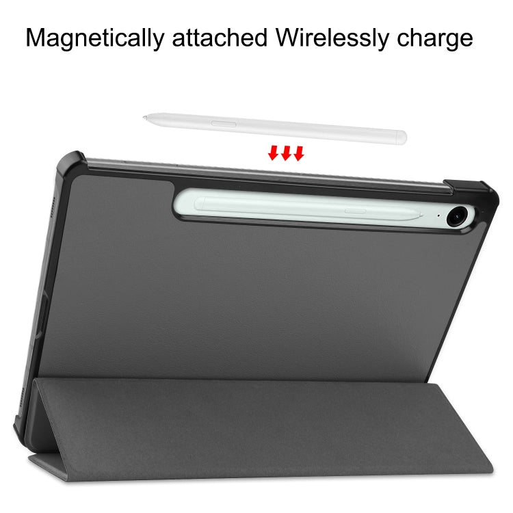 For Samsung Galaxy Tab S9 FE Custer Pure Color 3-Fold Holder Smart Leather Tablet Case(Grey)