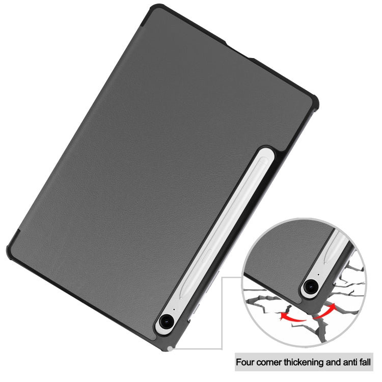 For Samsung Galaxy Tab S9 FE Custer Pure Color 3-Fold Holder Smart Leather Tablet Case(Grey)
