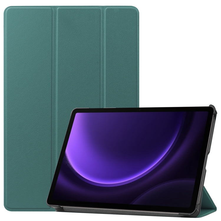 For Samsung Galaxy Tab S9 FE Custer Pure Color 3-Fold Holder Smart Leather Tablet Case(Dark Green)