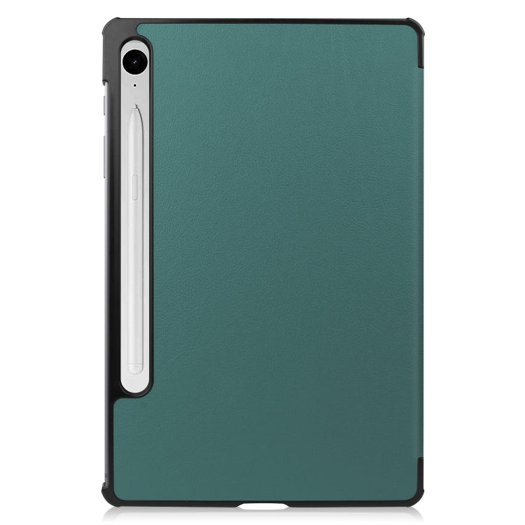 For Samsung Galaxy Tab S9 FE Custer Pure Color 3-Fold Holder Smart Leather Tablet Case(Dark Green)