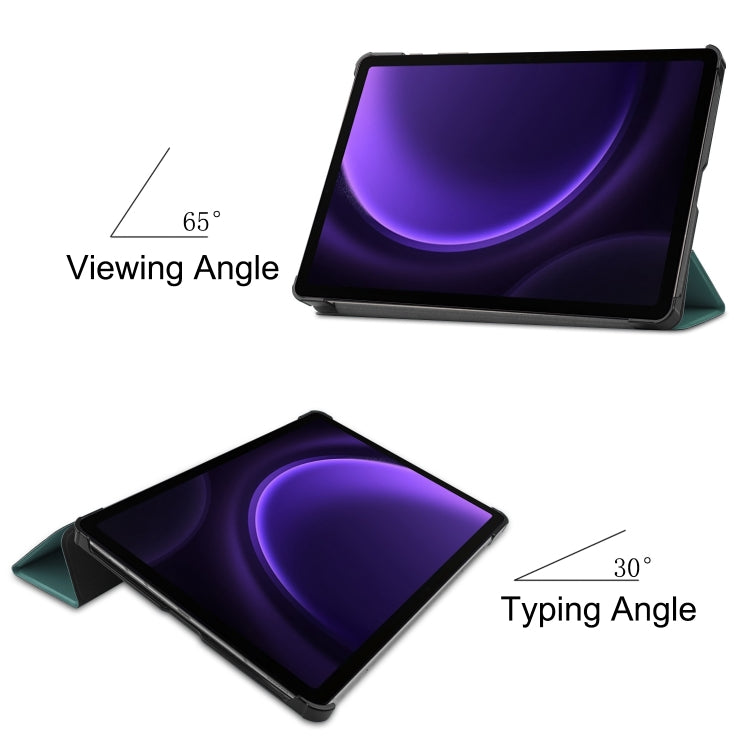 For Samsung Galaxy Tab S9 FE Custer Pure Color 3-Fold Holder Smart Leather Tablet Case(Dark Green)