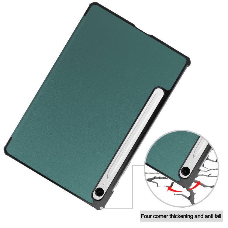 For Samsung Galaxy Tab S9 FE Custer Pure Color 3-Fold Holder Smart Leather Tablet Case(Dark Green)