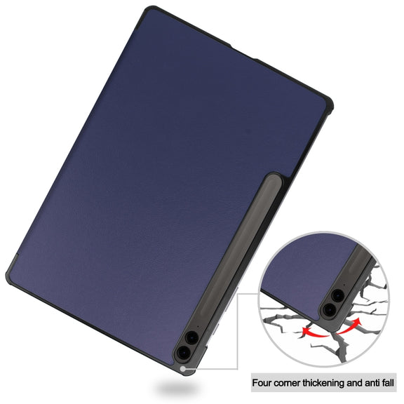 For Samsung Galaxy Tab S9 FE+ / S10+ Custer Pure Color 3-Fold Holder Smart Leather Tablet Case(Dark Blue)