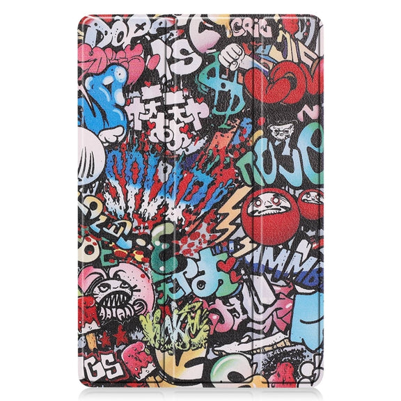 For Samsung Galaxy Tab S9 Custer Painted 3-Fold Holder Smart Leather Tablet Case(Graffiti)