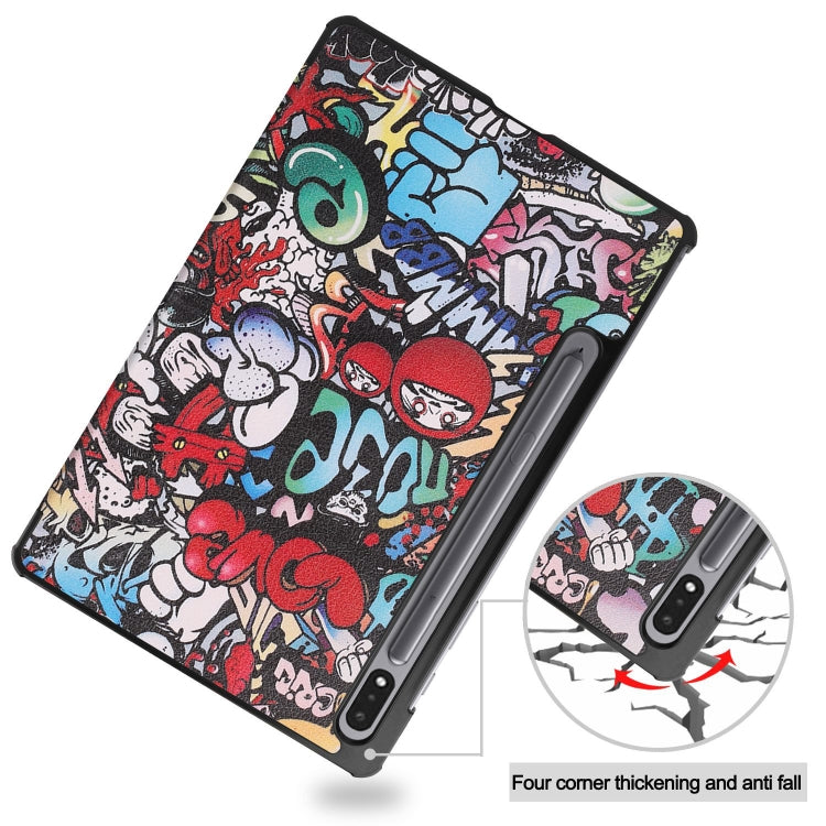 For Samsung Galaxy Tab S9 Custer Painted 3-Fold Holder Smart Leather Tablet Case(Graffiti)