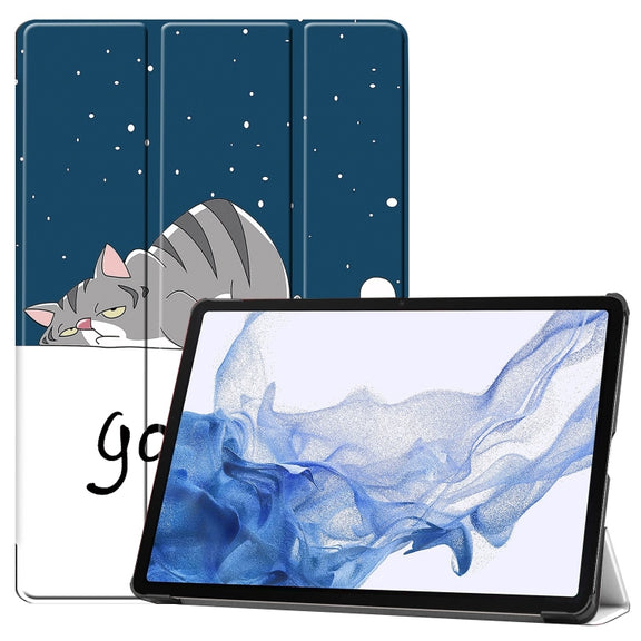 For Samsung Galaxy Tab S9 Custer Painted 3-Fold Holder Smart Leather Tablet Case(Lazy Cat)
