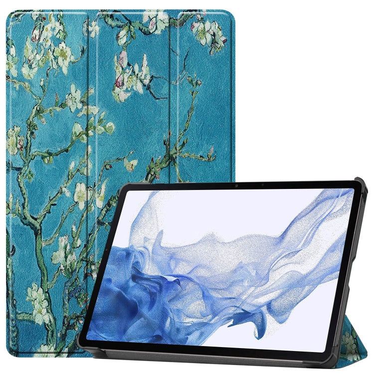 For Samsung Galaxy Tab S9 Custer Painted 3-Fold Holder Smart Leather Tablet Case(Apricot)
