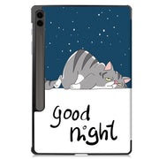 For Samsung Galaxy Tab S9 FE+ Custer Painted 3-Fold Holder Smart Leather Tablet Case(Lazy Cat)