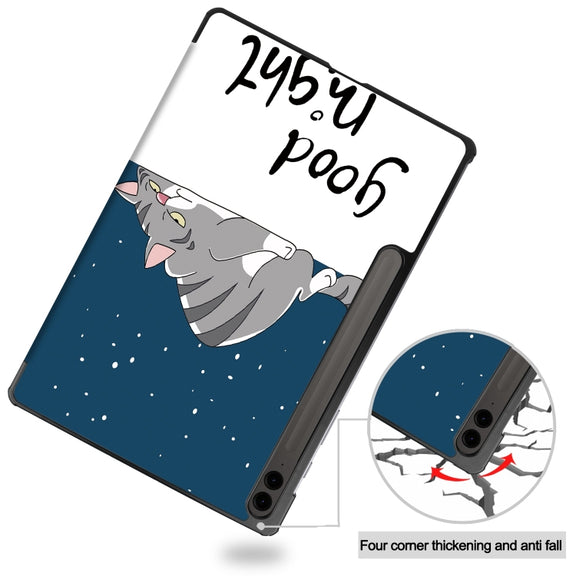 For Samsung Galaxy Tab S9 FE+ Custer Painted 3-Fold Holder Smart Leather Tablet Case(Lazy Cat)