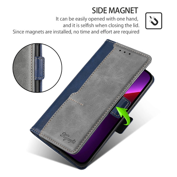 For Honor Magic6 Pro Contrast Color Side Buckle Leather Phone Case(Blue + Grey)