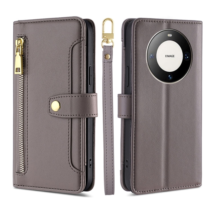 For Huawei Mate 60 Pro / Pro+ Lite Sheep Texture Cross-body Zipper Wallet Leather Phone Case(Grey)