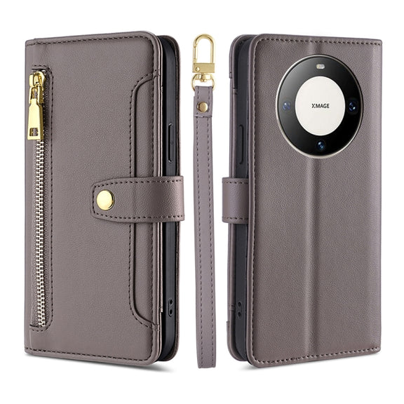 For Huawei Mate 60 Pro / Pro+ Lite Sheep Texture Cross-body Zipper Wallet Leather Phone Case(Grey)