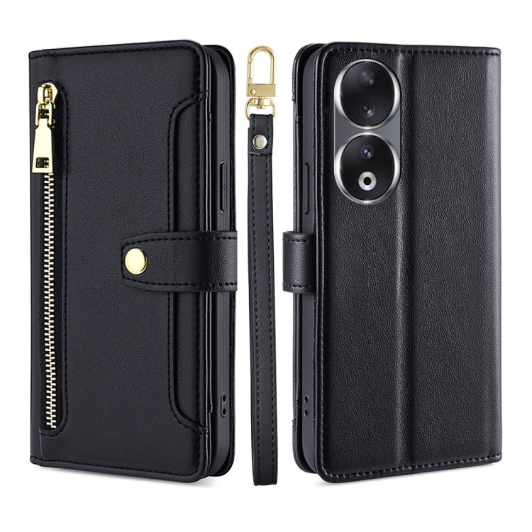 For Honor 90 5G Sheep Texture Cross-body Zipper Wallet Leather Phone Case(Black)