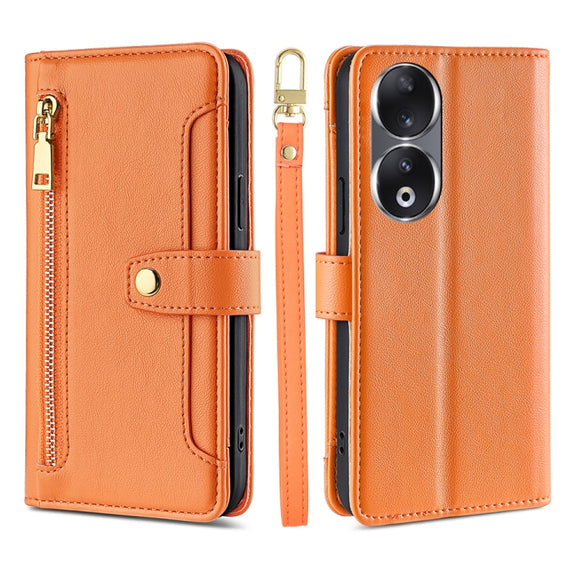For Honor 90 5G Sheep Texture Cross-body Zipper Wallet Leather Phone Case(Orange)