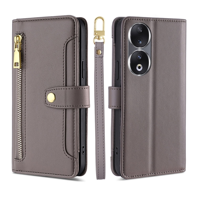 For Honor 90 5G Sheep Texture Cross-body Zipper Wallet Leather Phone Case(Grey)