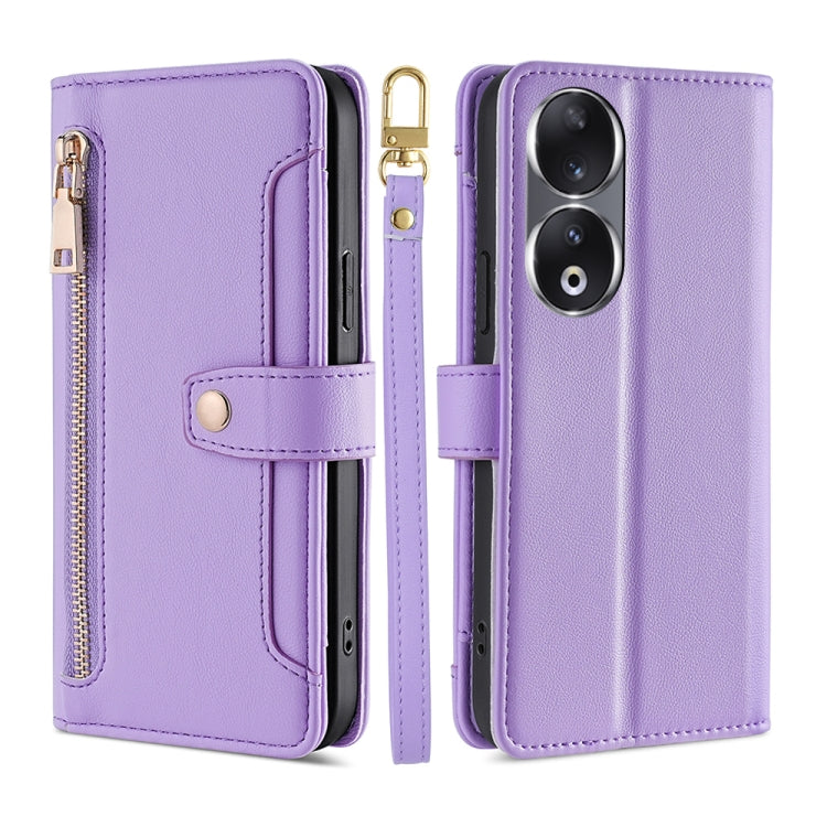 For Honor 90 5G Sheep Texture Cross-body Zipper Wallet Leather Phone Case(Purple)